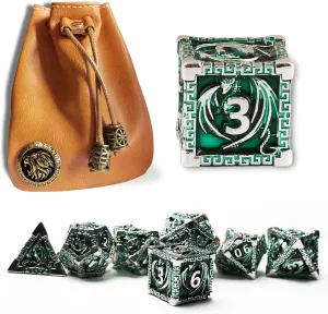 DND Dice Metal Dragon Set,Unique Dragon Design Dice with Gift Dice Bag for Dungeons & Dragon Games,Magic The Gathering,D and D D&D Dice Set (Silver Green)