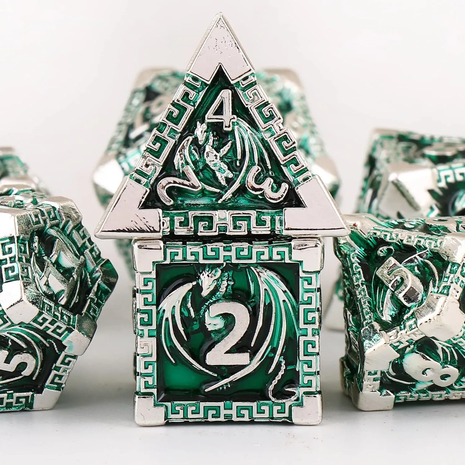 DND Dice Metal Dragon Set,Unique Dragon Design Dice with Gift Dice Bag for Dungeons & Dragon Games,Magic The Gathering,D and D D&D Dice Set (Silver Green)