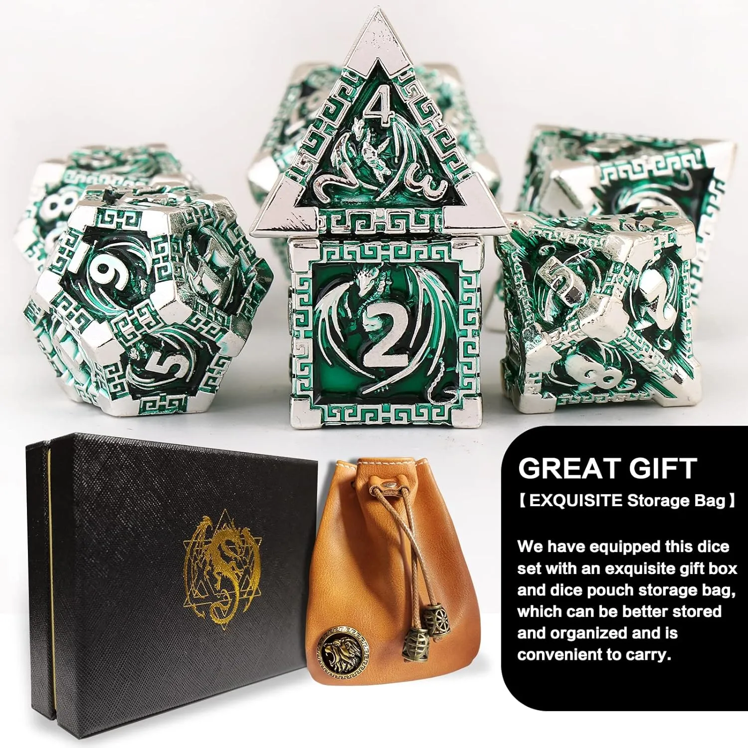 DND Dice Metal Dragon Set,Unique Dragon Design Dice with Gift Dice Bag for Dungeons & Dragon Games,Magic The Gathering,D and D D&D Dice Set (Silver Green)