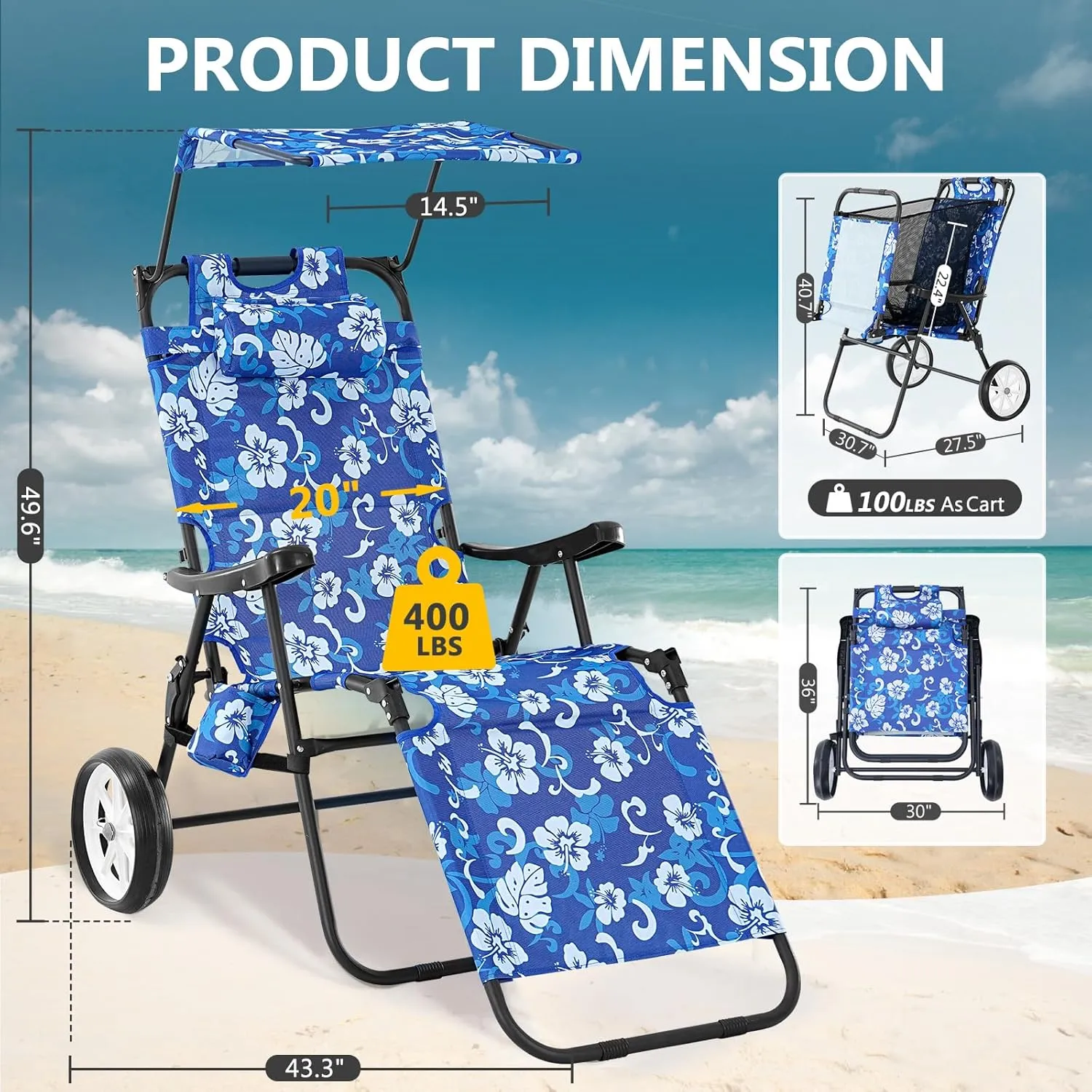 DoCred Beach Chair with Canopy Shade, Folding Beach Cart Chair w/Wheels, Outdoor Recliner Patio Lounge Chairs for Camp, Tailgates, Fishing - Support 400 LBS