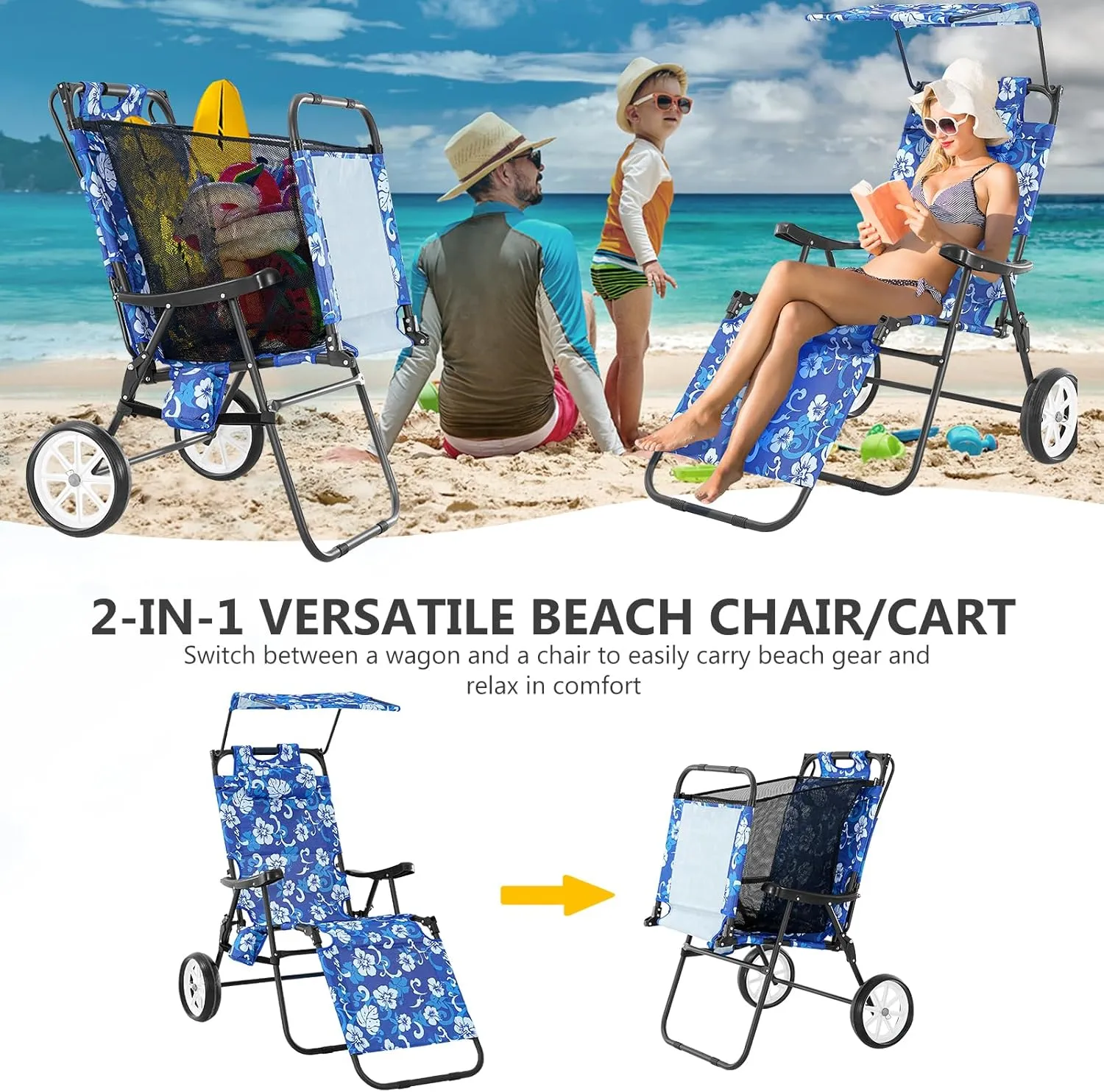 DoCred Beach Chair with Canopy Shade, Folding Beach Cart Chair w/Wheels, Outdoor Recliner Patio Lounge Chairs for Camp, Tailgates, Fishing - Support 400 LBS