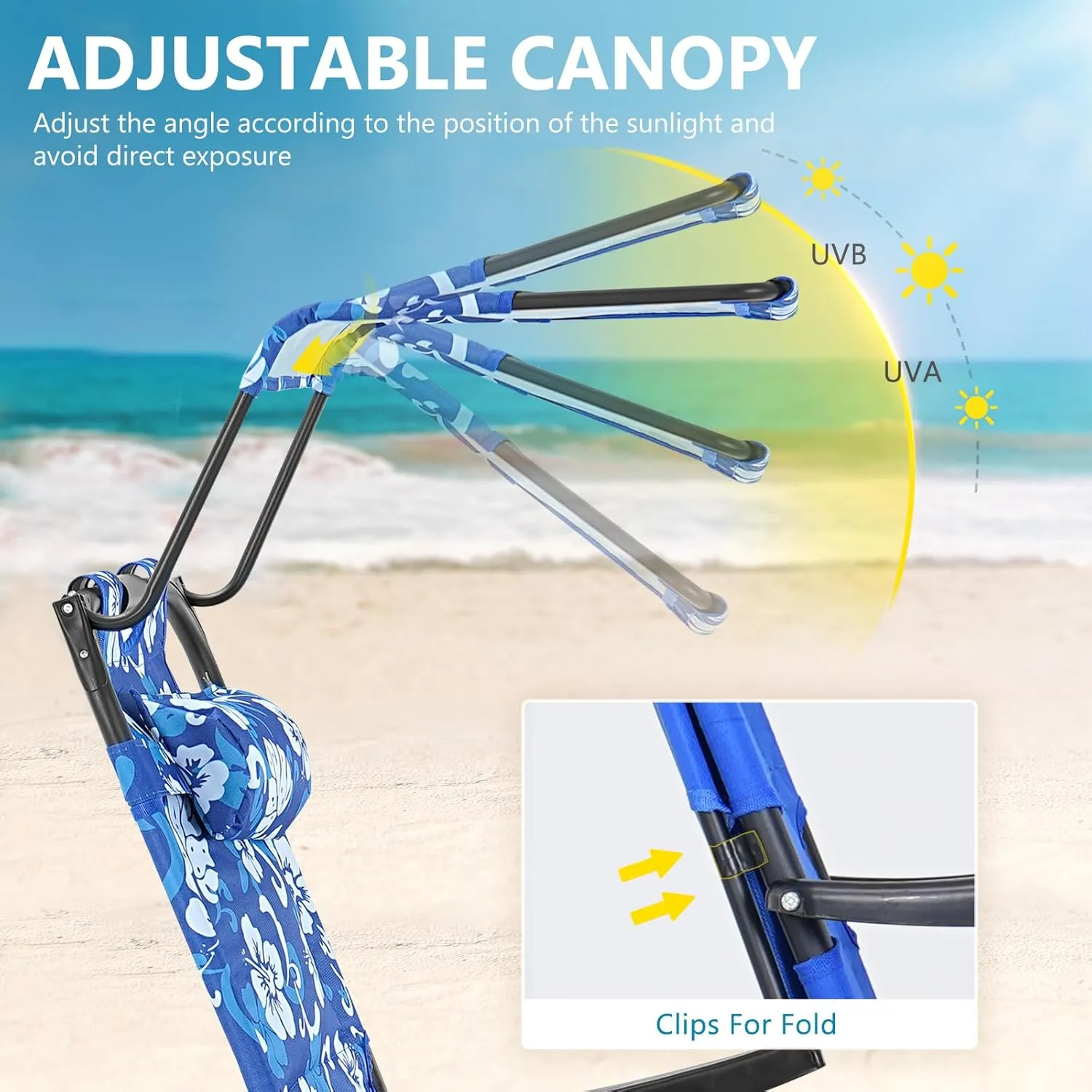 DoCred Beach Chair with Canopy Shade, Folding Beach Cart Chair w/Wheels, Outdoor Recliner Patio Lounge Chairs for Camp, Tailgates, Fishing - Support 400 LBS