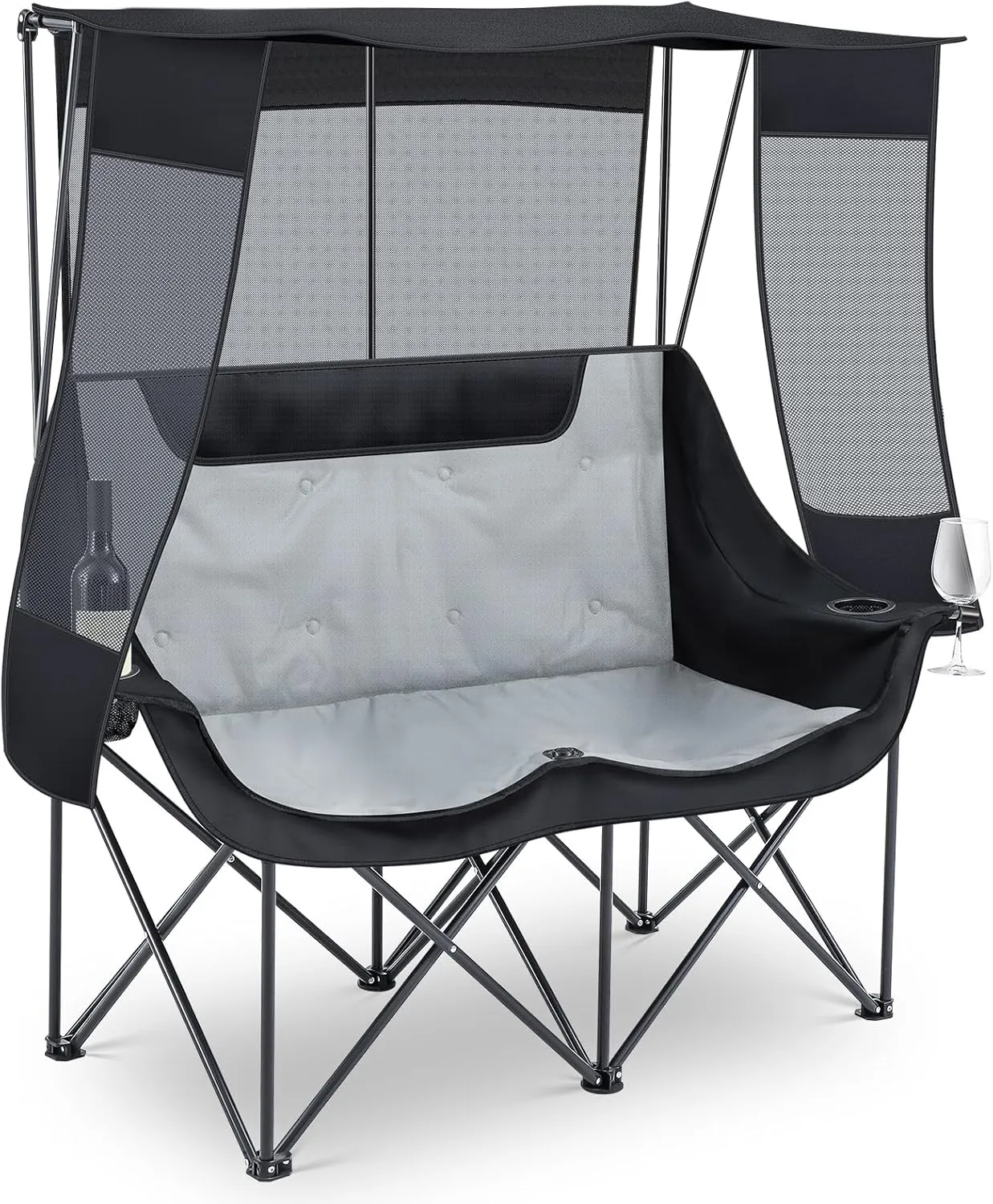 Double Beach Camping Chair with Canopy Shade 2 Person Camping Sofa, Fully Padded Folding Loveseat Chair with Cup Hold and Storage Bag Sturdy Oversized Couch for Lawn Sports Concerts Picnic(Black)
