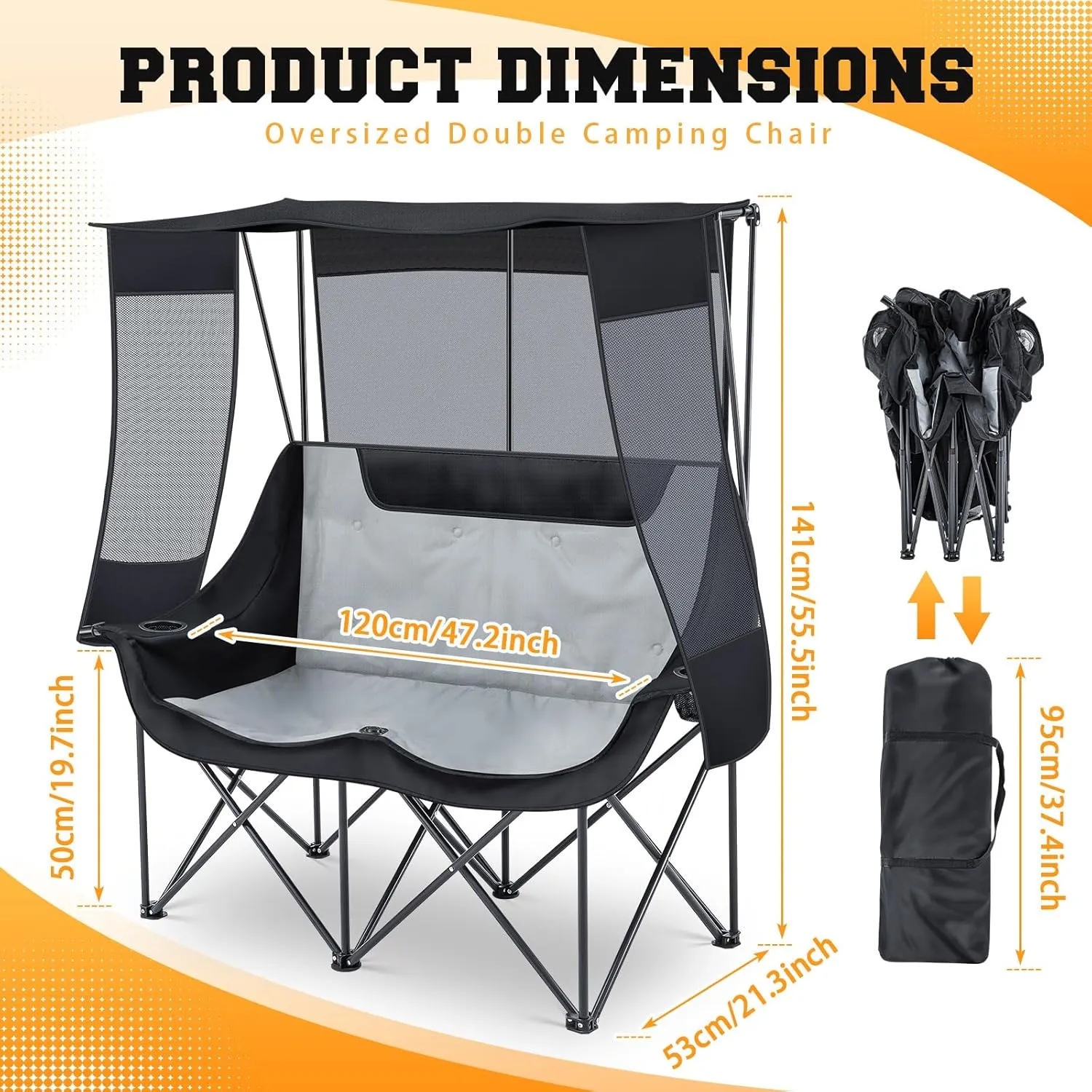 Double Beach Camping Chair with Canopy Shade 2 Person Camping Sofa, Fully Padded Folding Loveseat Chair with Cup Hold and Storage Bag Sturdy Oversized Couch for Lawn Sports Concerts Picnic(Black)