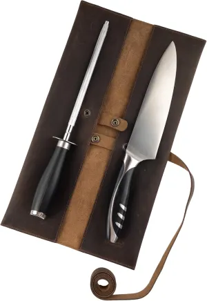 Double Knife Roll for Chefs and Cooks, Vertical Case for Knives, Culinary Accessories, Carry-On Bag for Traveling, Full Grain Leather, Handmade, Bourbon Brown