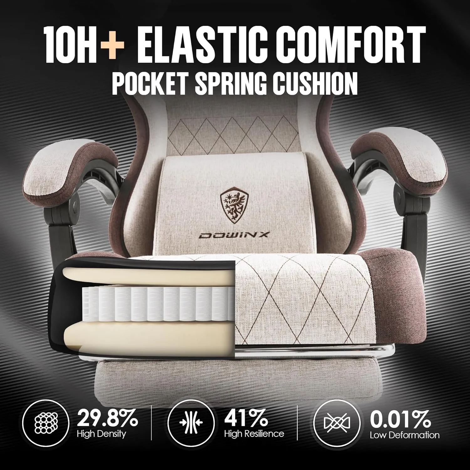Dowinx Gaming Chair Fabric with Pocket Spring Cushion, High Back Ergonomic Computer Chair with Footrest for Adults, Massage Lumbar Support Swivel Game Chair for Office Gaming 300LBS, Brown