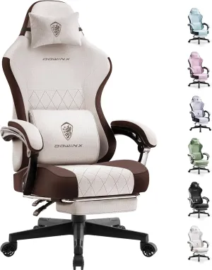 Dowinx Gaming Chair Fabric with Pocket Spring Cushion, High Back Ergonomic Computer Chair with Footrest for Adults, Massage Lumbar Support Swivel Game Chair for Office Gaming 300LBS, Brown