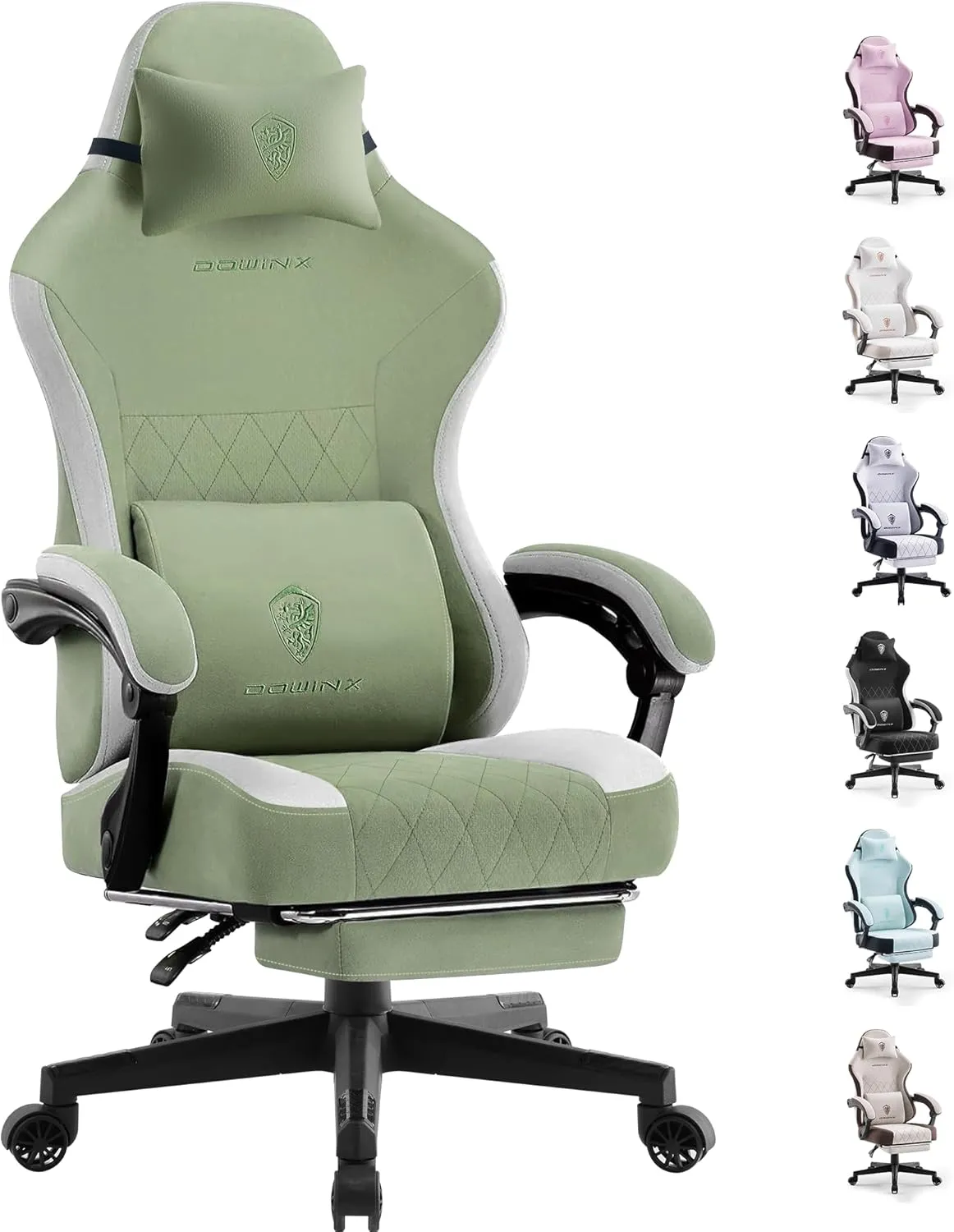 Dowinx Gaming Chair Fabric with Pocket Spring Cushion, High Back Ergonomic Computer Chair with Footrest for Adults, Massage Lumbar Support Swivel Game Chair for Office Gaming 300LBS, Green