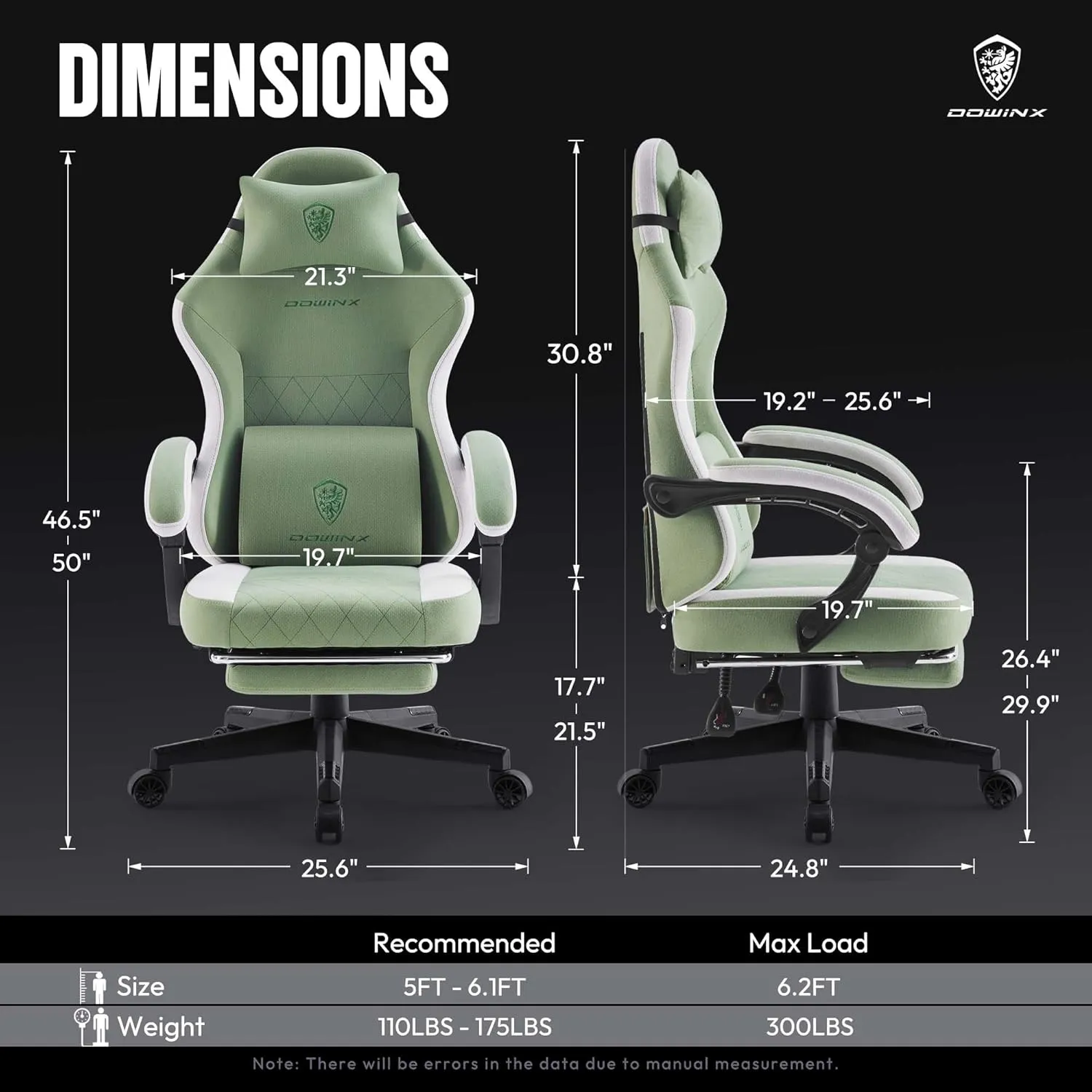 Dowinx Gaming Chair Fabric with Pocket Spring Cushion, High Back Ergonomic Computer Chair with Footrest for Adults, Massage Lumbar Support Swivel Game Chair for Office Gaming 300LBS, Green