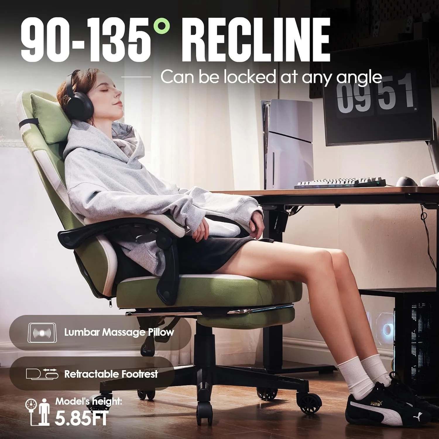 Dowinx Gaming Chair Fabric with Pocket Spring Cushion, High Back Ergonomic Computer Chair with Footrest for Adults, Massage Lumbar Support Swivel Game Chair for Office Gaming 300LBS, Green