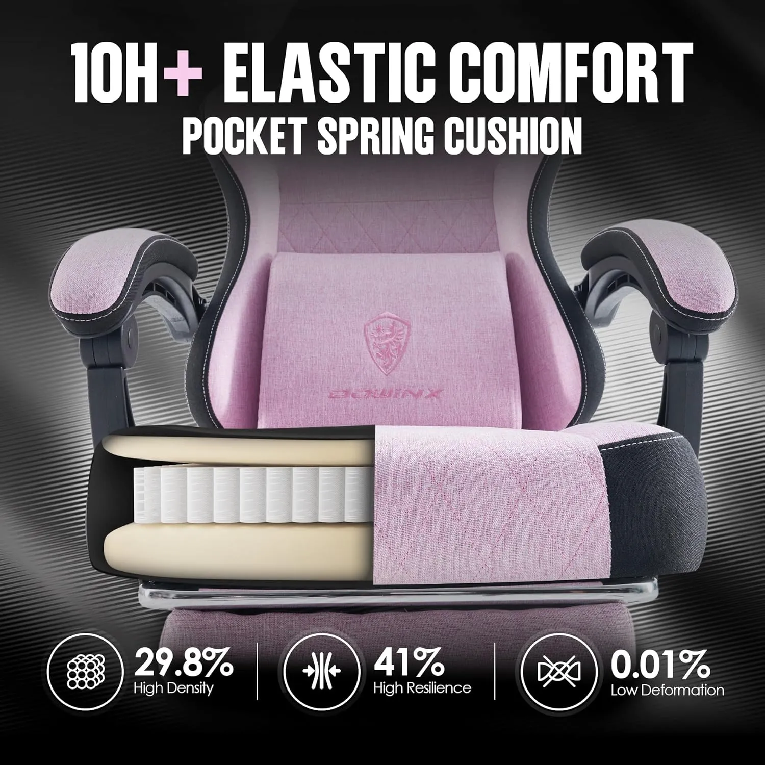 Dowinx Gaming Chair Fabric with Pocket Spring Cushion, High Back Ergonomic Computer Chair with Footrest for Adults, Massage Lumbar Support Swivel Game Chair for Office Gaming 300LBS, Pink