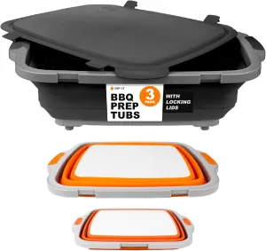 Drip EZ Collapsible BBQ Prep Tubs 3-Piece Set- For Meal Prep Marinating Food Storage - Includes Cutting Board & Lid - (1) JR - Orange   (1) OG - Orange   (1) XL - Black