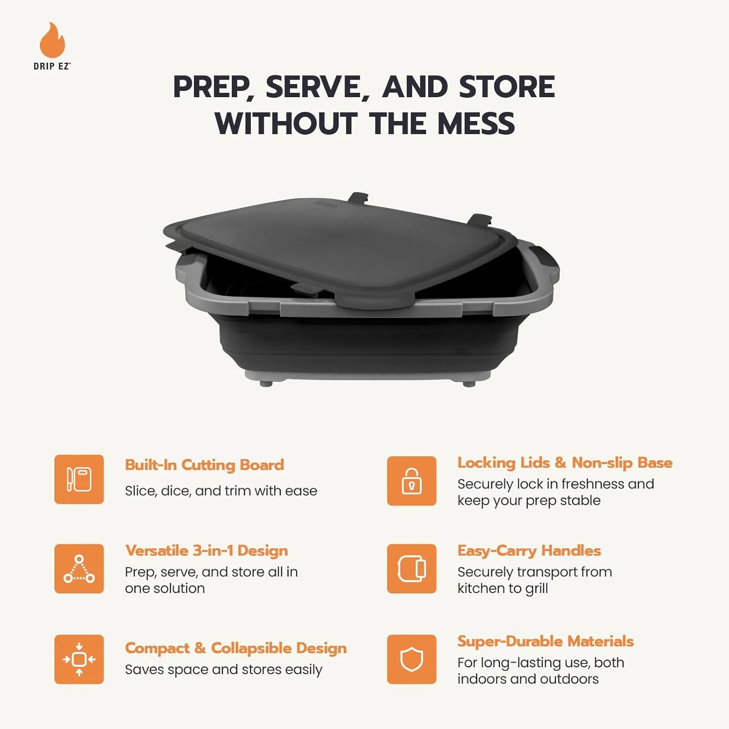 Drip EZ Collapsible BBQ Prep Tubs 3-Piece Set- For Meal Prep Marinating Food Storage - Includes Cutting Board & Lid - (1) JR - Orange   (1) OG - Orange   (1) XL - Black