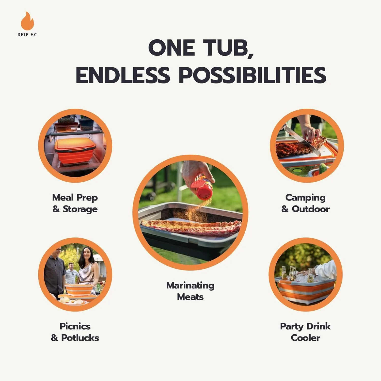 Drip EZ Collapsible BBQ Prep Tubs 3-Piece Set- For Meal Prep Marinating Food Storage - Includes Cutting Board & Lid - (1) JR - Orange   (1) OG - Orange   (1) XL - Black