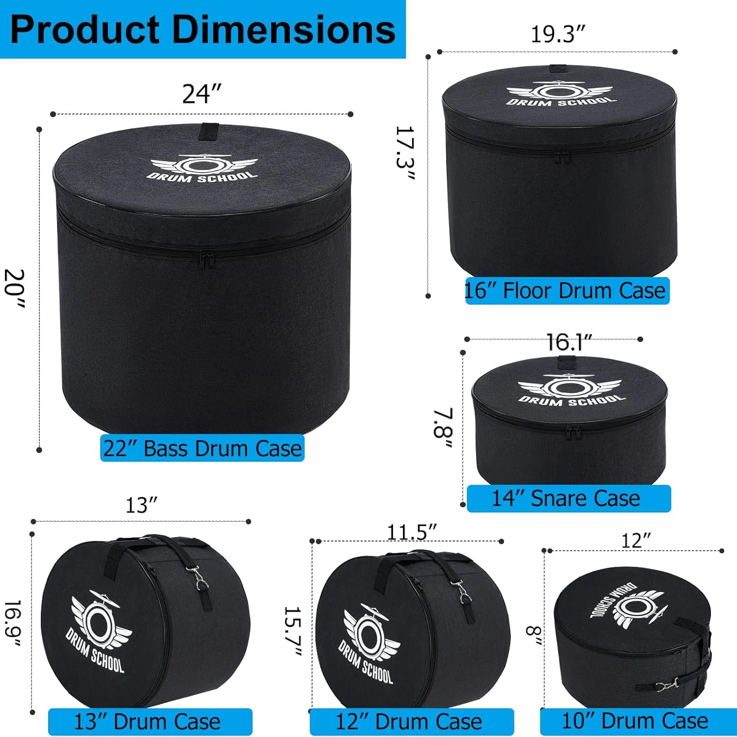 Drum Bags Set 6-pcs, Drum Cases Carrying Soft Bag Padded Including 10" Tom Bag, 12" Tom Bag, 13" Tom Bag, 14" Snare Drum Bag, 16" Floor Tom Bag, 22'' X 18" Bass Drum Case (6PCS)