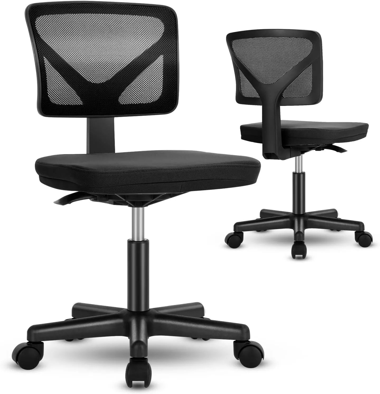 DUMOS Armless Desk Chairs with Wheels Cute Home Office Chair No Arms, Ergonomic Adjustable Swivel Rolling Task Chair, Comfy Mesh Mid Back Computer Work Vanity Chair for Small Spaces, Dark Black