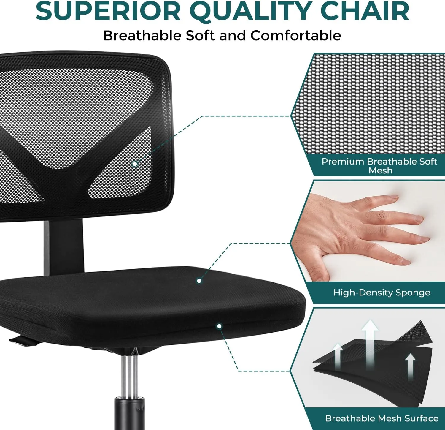 DUMOS Armless Desk Chairs with Wheels, Ergonomic Adjustable Home Office Swivel Rolling Task Chair No Arms, Comfy Mesh Mid Back Computer Work Vanity Desk Seat for Small Spaces, Black