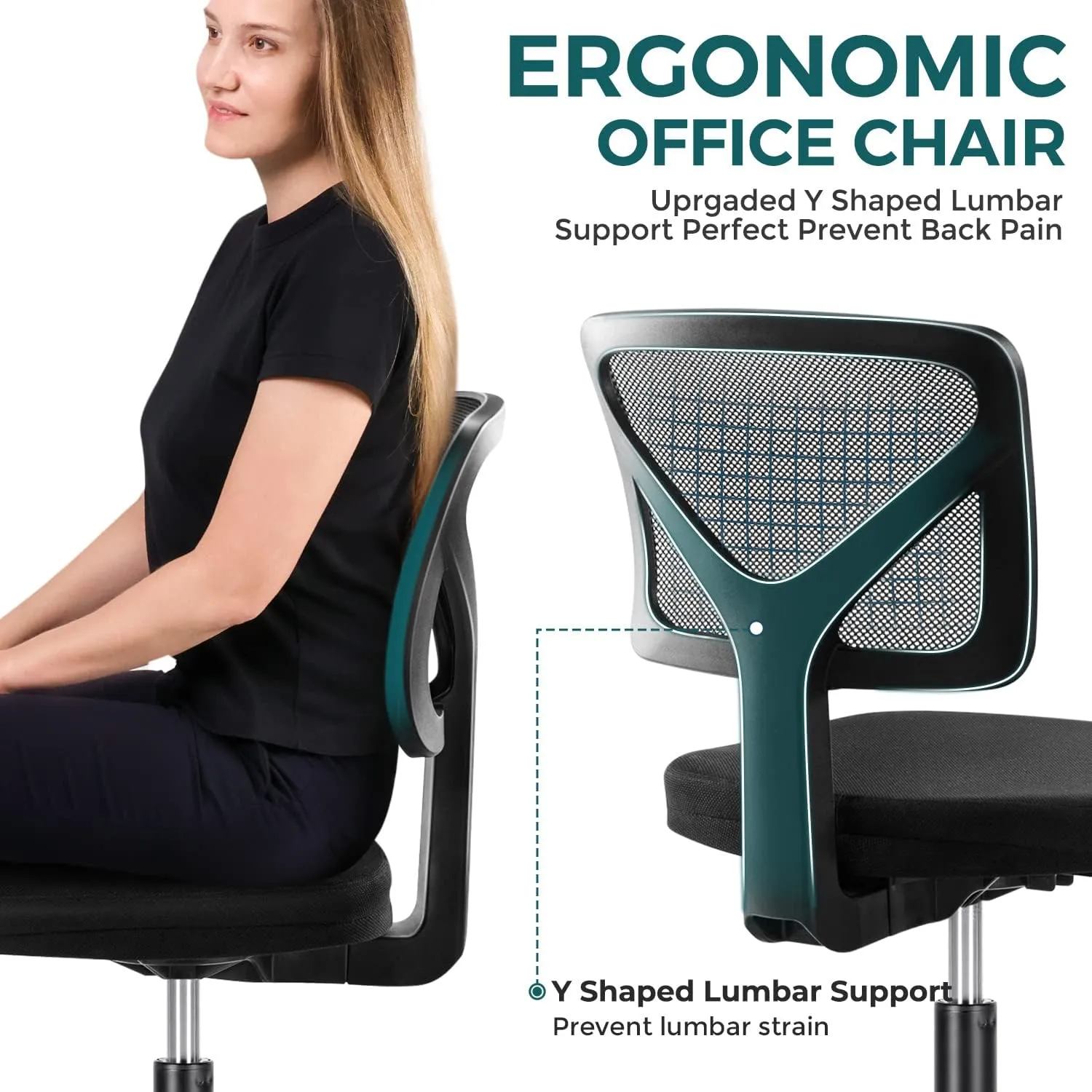 DUMOS Armless Desk Chairs with Wheels, Ergonomic Adjustable Home Office Swivel Rolling Task Chair No Arms, Comfy Mesh Mid Back Computer Work Vanity Desk Seat for Small Spaces, Black