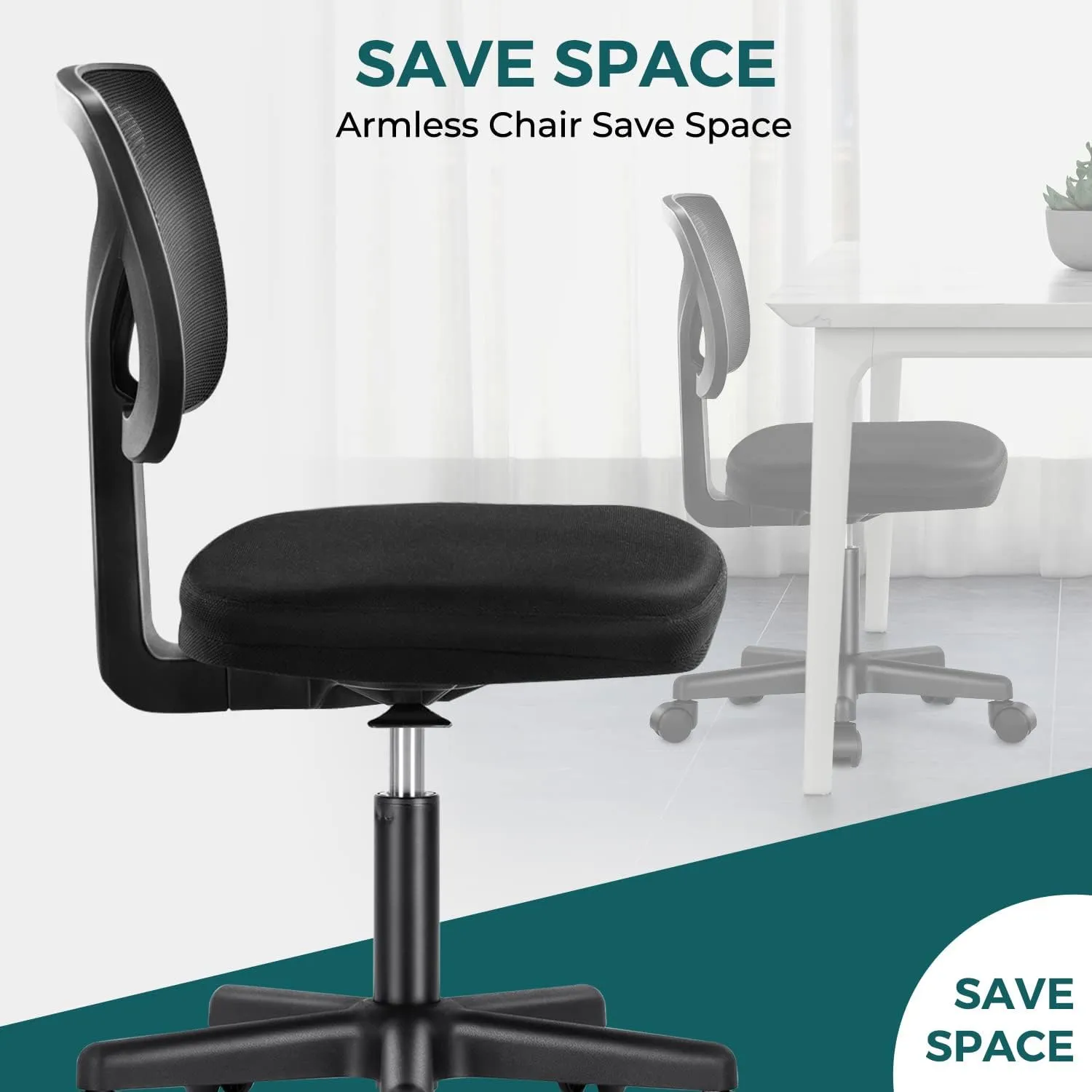 DUMOS Armless Desk Chairs with Wheels, Ergonomic Adjustable Home Office Swivel Rolling Task Chair No Arms, Comfy Mesh Mid Back Computer Work Vanity Desk Seat for Small Spaces, Black