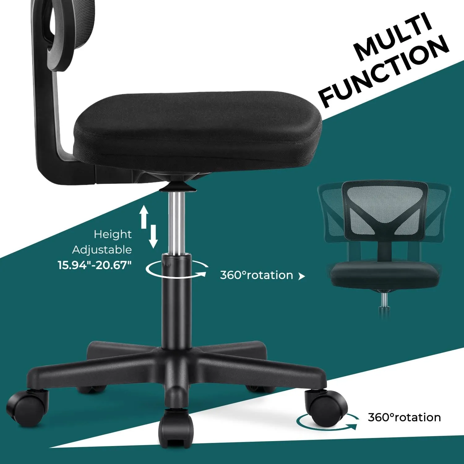 DUMOS Armless Desk Chairs with Wheels, Ergonomic Adjustable Home Office Swivel Rolling Task Chair No Arms, Comfy Mesh Mid Back Computer Work Vanity Desk Seat for Small Spaces, Black