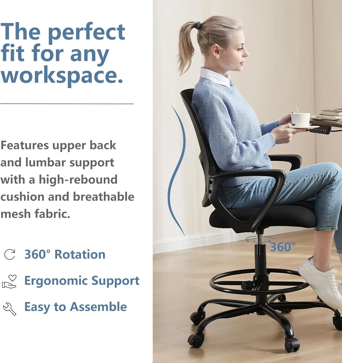 DUMOS Drafting Chair - Ergonomic Tall Office for Standing Desk, Counter with Height Adjustable and Comfortable Lumbar Support, Fixed Armrests, Black