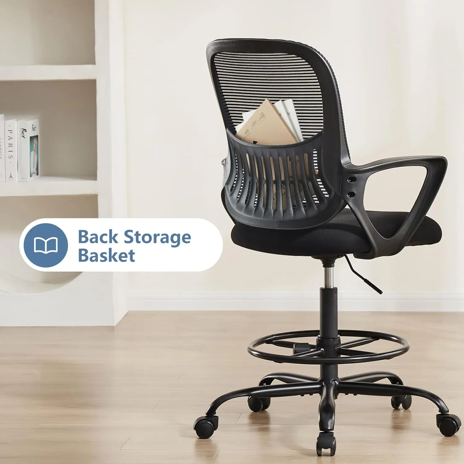 DUMOS Drafting Chair - Ergonomic Tall Office for Standing Desk, Counter with Height Adjustable and Comfortable Lumbar Support, Fixed Armrests, Black