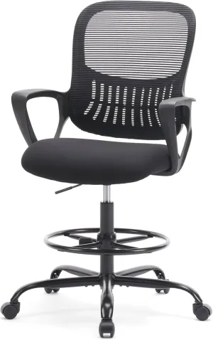 DUMOS Drafting Chair - Ergonomic Tall Office for Standing Desk, Counter with Height Adjustable and Comfortable Lumbar Support, Fixed Armrests, Black