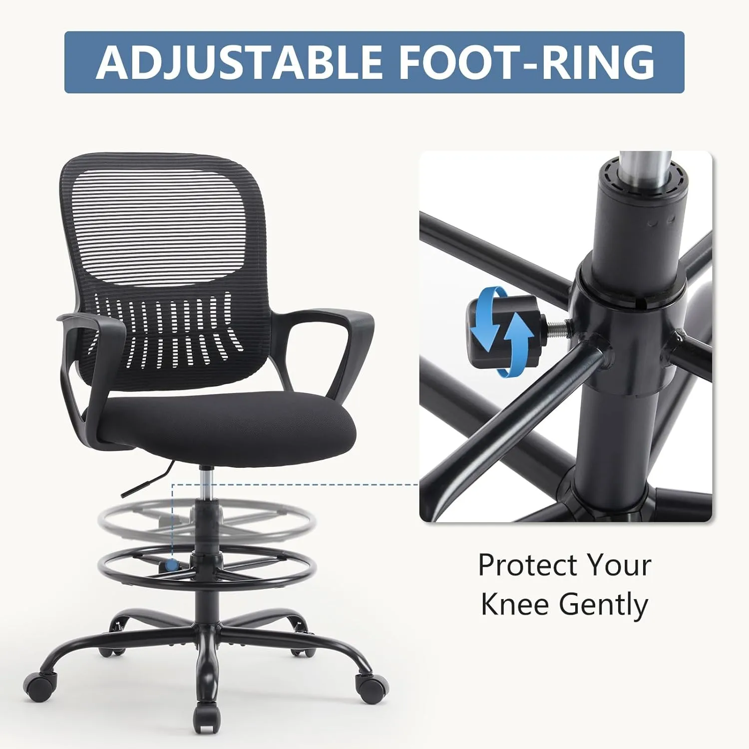 DUMOS Drafting Chair - Ergonomic Tall Office for Standing Desk, Counter with Height Adjustable and Comfortable Lumbar Support, Fixed Armrests, Black