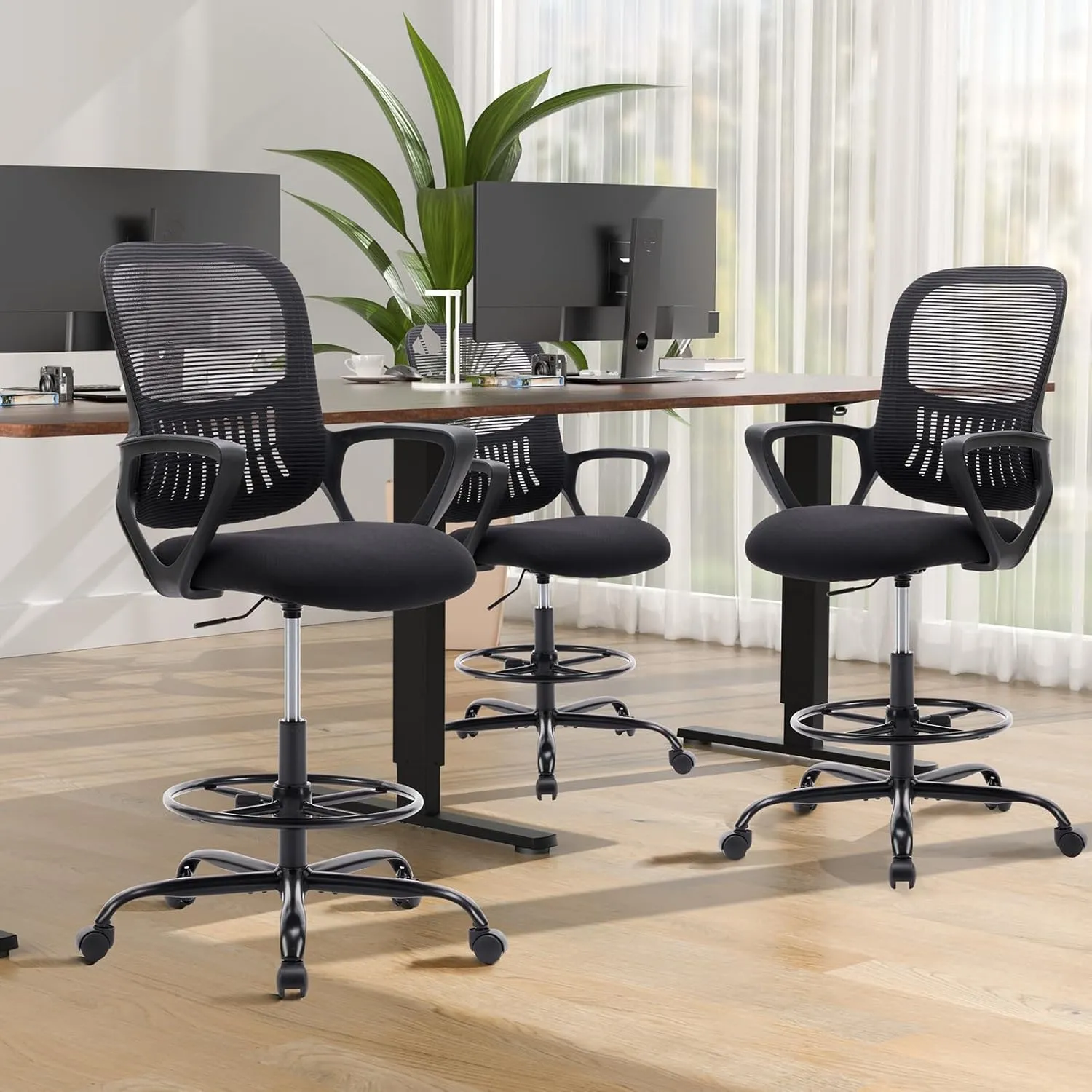 DUMOS Drafting Chair - Ergonomic Tall Office for Standing Desk, Counter with Height Adjustable and Comfortable Lumbar Support, Fixed Armrests, Black