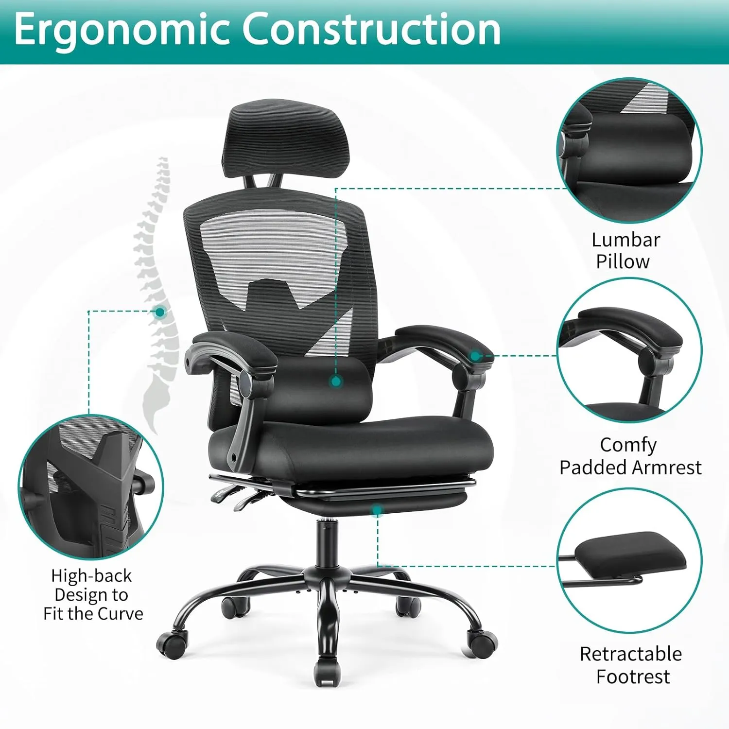 DUMOS Home Office Desk Chair with Footrest, High-Back Mesh Rolling Swivel Reclining Chairs with Wheels, Comfortable Headrest, Lumbar Support, Comfy Arms for Home, Office, Gaming, Student, Black