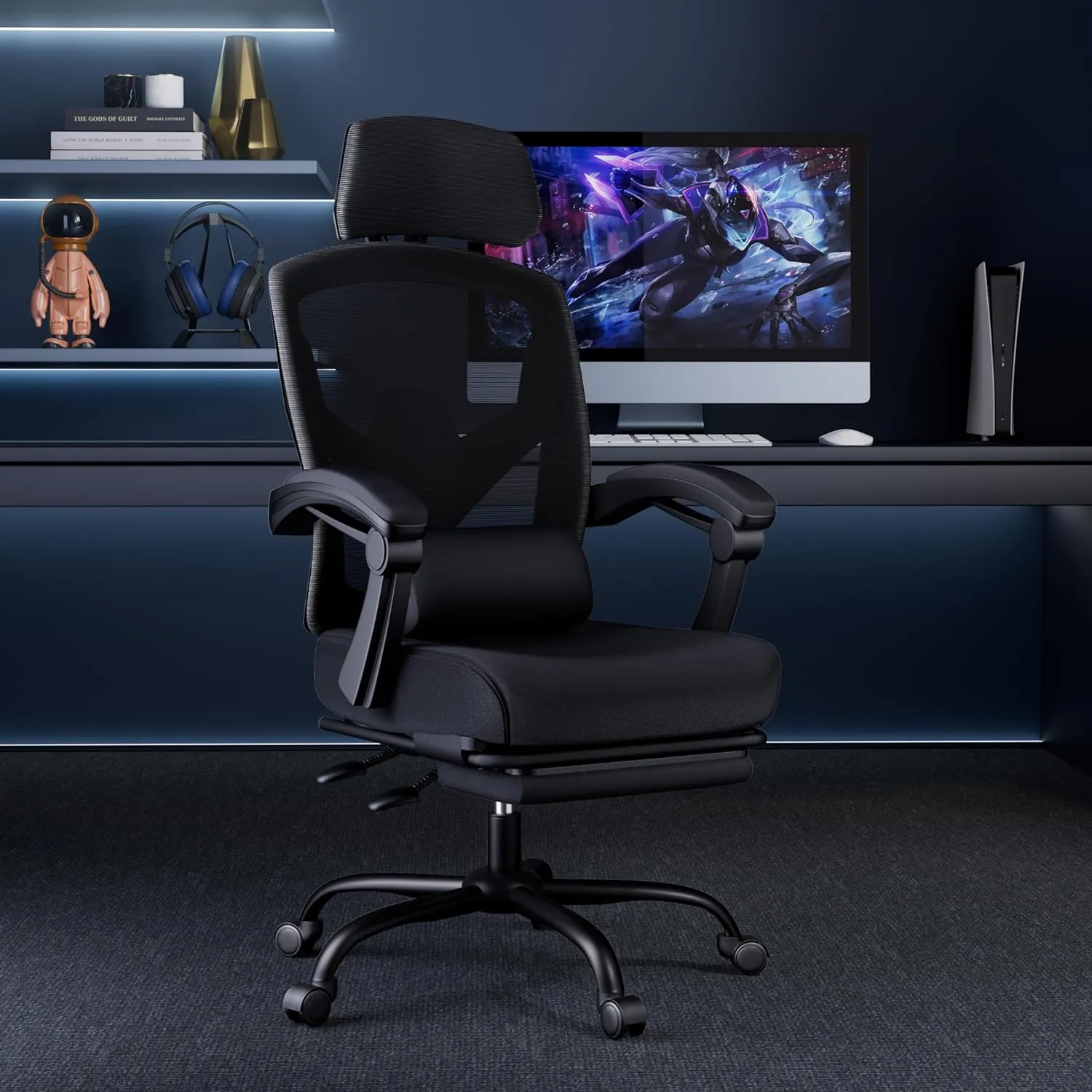 DUMOS Home Office Desk Chair with Footrest, High-Back Mesh Rolling Swivel Reclining Chairs with Wheels, Comfortable Headrest, Lumbar Support, Comfy Arms for Home, Office, Gaming, Student, Black