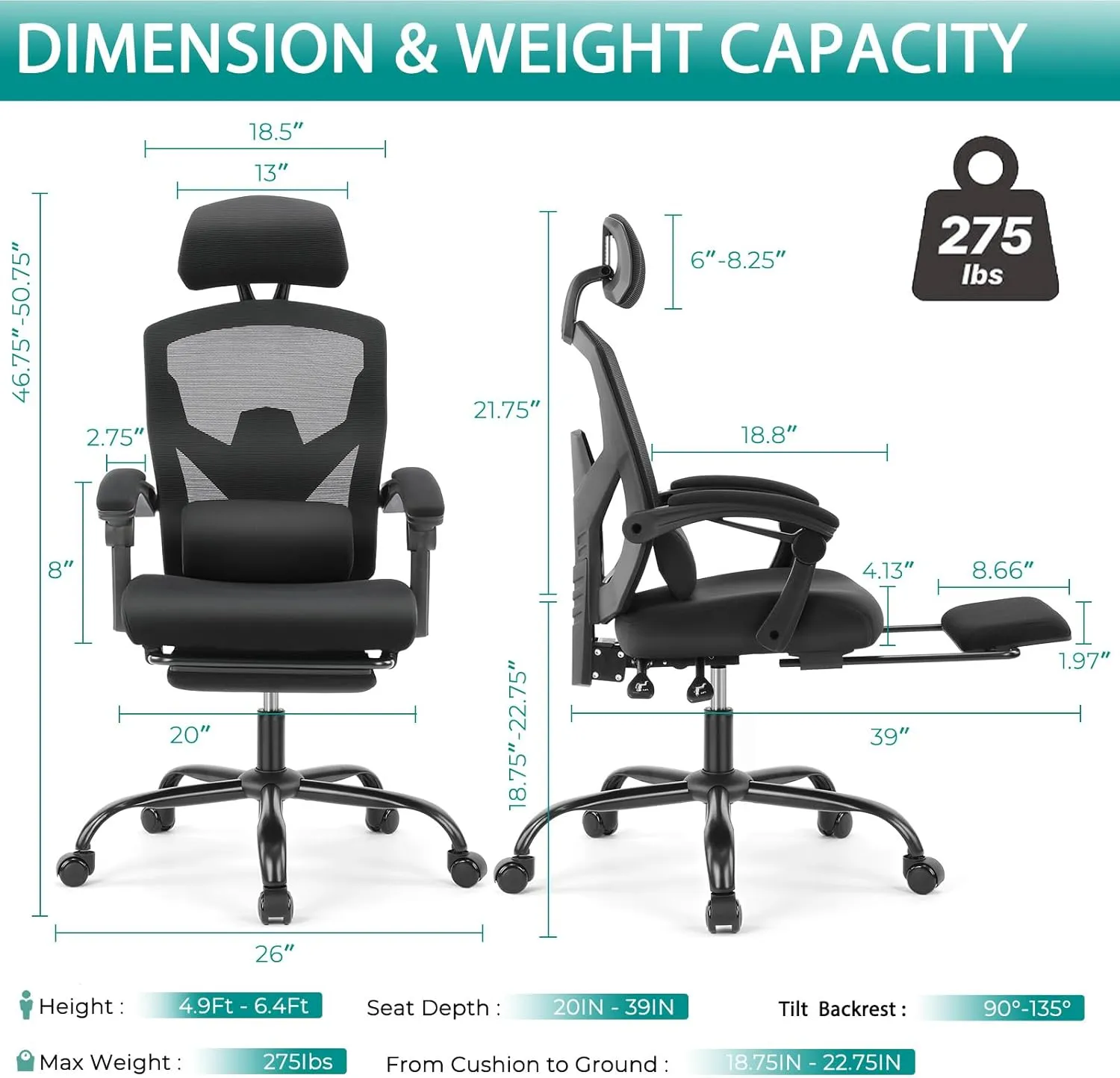 DUMOS Home Office Desk Chair with Footrest, High-Back Mesh Rolling Swivel Reclining Chairs with Wheels, Comfortable Headrest, Lumbar Support, Comfy Arms for Home, Office, Gaming, Student, Black