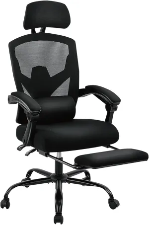 DUMOS Home Office Desk Chair with Footrest, High-Back Mesh Rolling Swivel Reclining Chairs with Wheels, Comfortable Headrest, Lumbar Support, Comfy Arms for Home, Office, Gaming, Student, Black