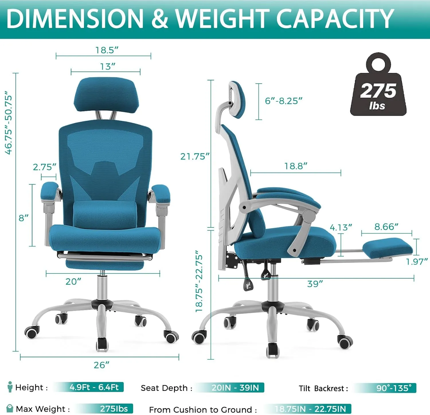 DUMOS Home Office Desk Chair with Footrest, High-Back Mesh Rolling Swivel Reclining Chairs with Wheels, Comfortable Headrest, Lumbar Support, Comfy Arms for Home, Office, Gaming, Student, Blue