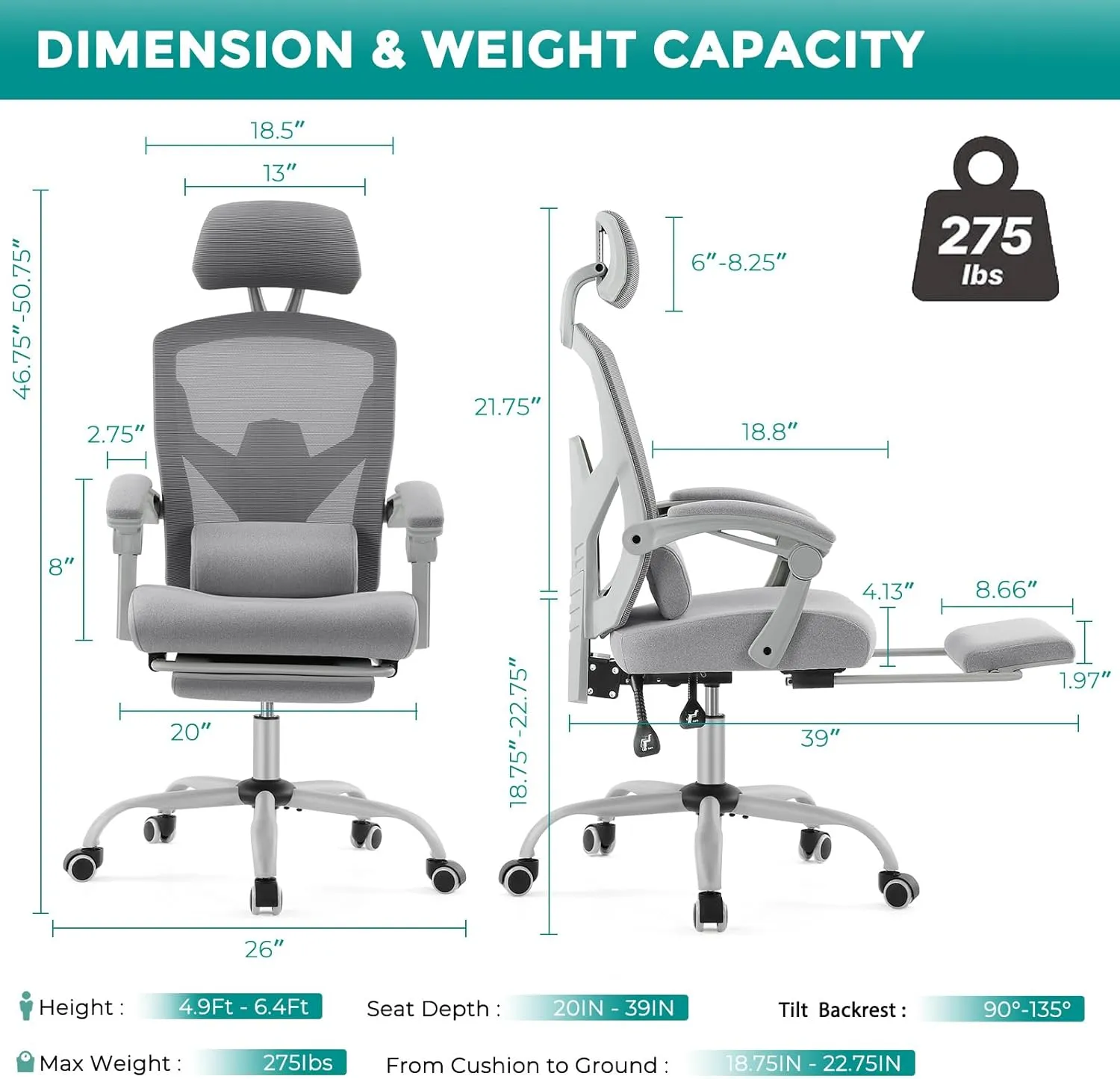 DUMOS Home Office Desk Chair with Footrest, High-Back Mesh Rolling Swivel Reclining Chairs with Wheels, Comfortable Headrest, Lumbar Support, Comfy Arms for Home, Office, Gaming, Student, Grey