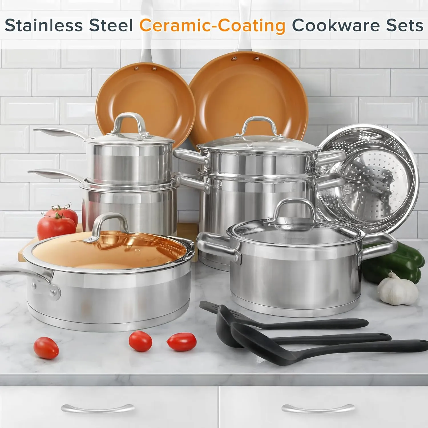 Duxtop 17PC Professional Stainless Steel Induction Cookware Set, Stainless Steel Ceramic Nonstick Pan Set, Impact-bonded Technology, FUSION Titanium Reinforced Ceramic Coating, Copper