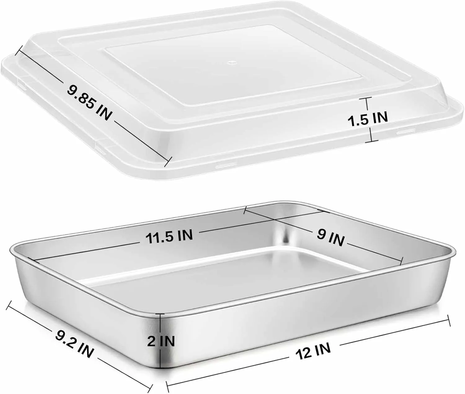 E-far Stainless Steel Baking Pan with Lid, 12⅓ x 9¾ x 2 Inch Rectangle Sheet Cake Pans with Covers Bakeware for Cakes Brownies Casseroles, Non-toxic & Healthy, Heavy Duty & Dishwasher Safe - Set of 2