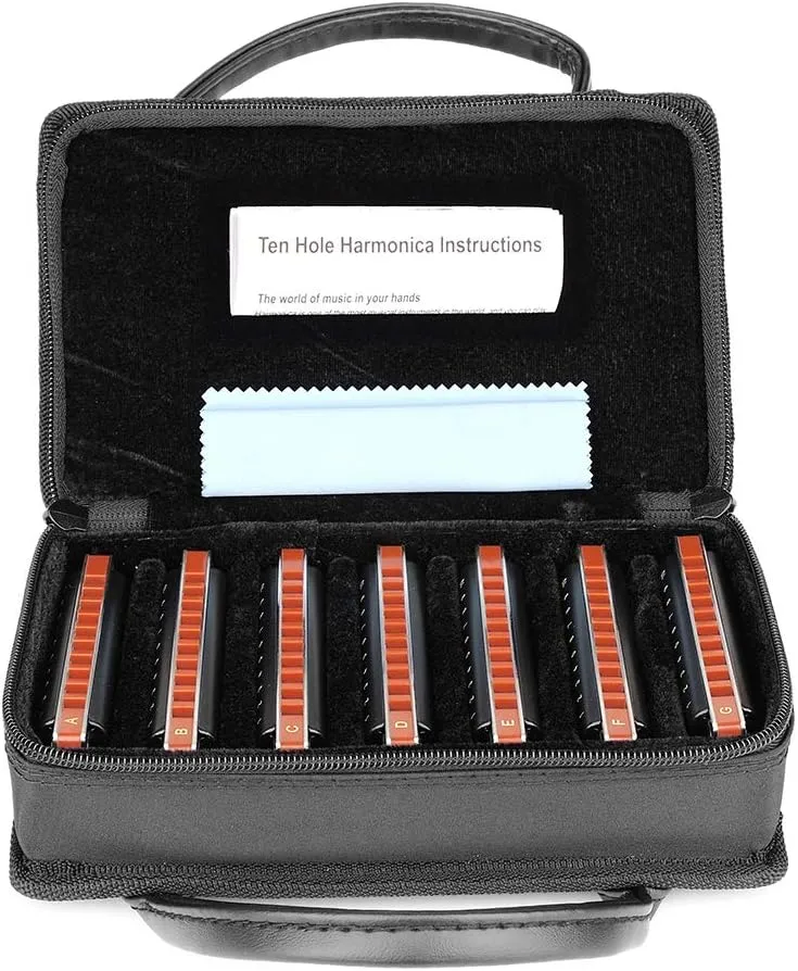 Easttop Harmonica Sets 7 Keys in Key of A B C D E F G 10 Hole 20 Tones with Case Bag & Cleaning Cloth for Adult, Professional Player,Beginner,Heavy Duty, Black