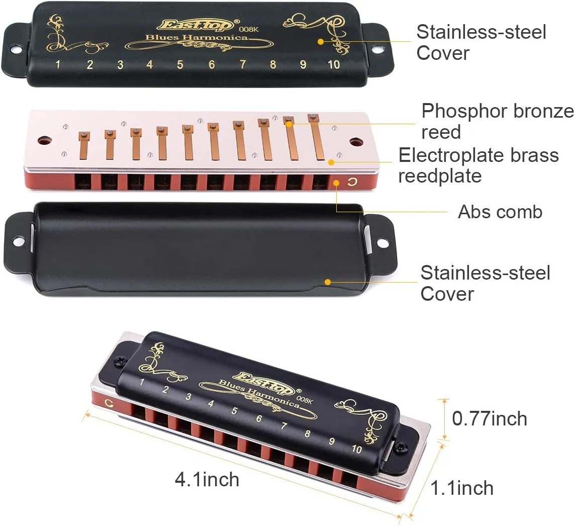 Easttop Harmonica Sets 7 Keys in Key of A B C D E F G 10 Hole 20 Tones with Case Bag & Cleaning Cloth for Adult, Professional Player,Beginner,Heavy Duty, Black