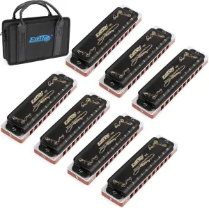 Easttop Harmonica Sets 7 Keys in Key of A B C D E F G 10 Hole 20 Tones with Case Bag & Cleaning Cloth for Adult, Professional Player,Beginner,Heavy Duty, Black