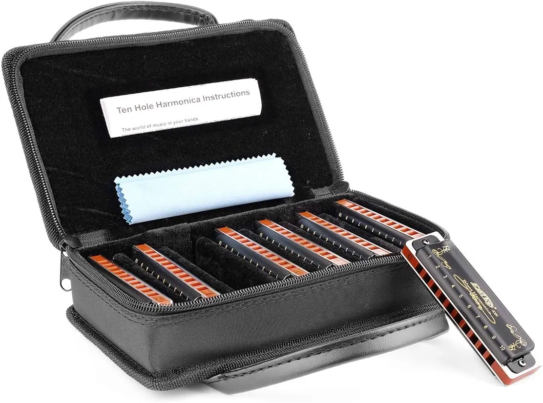 Easttop Harmonica Sets 7 Keys in Key of A B C D E F G 10 Hole 20 Tones with Case Bag & Cleaning Cloth for Adult, Professional Player,Beginner,Heavy Duty, Black