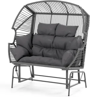 ECOTOUGE Patio Double Egg Chair, Indoor Outdoor Oversized Loveseat, 2 Person Extra Large Wicker Lounge Rocking Glider Chairs w/Thicken Padded Cushions and Pillow for Garden Balcony Sunroom, Grey
