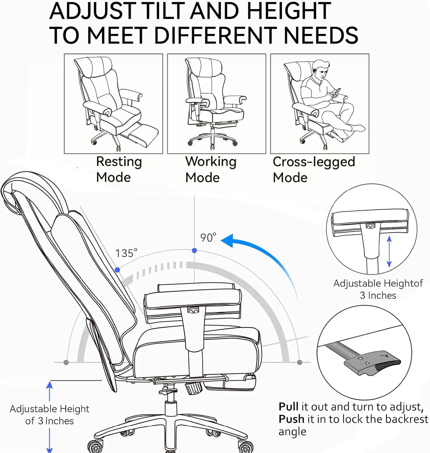 Efomao Big and Tall Office Chair 450LBS with Foot Rest, High Back PU Leather Executive Chair with Adjustable Padded Armrests, Lumbar Support for Home or Work, Heavy Duty Computer Chair, Grey