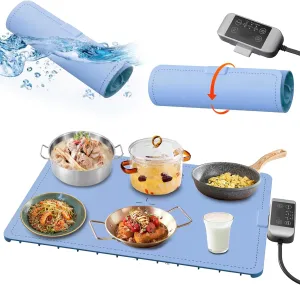 Electric Food Warming Tray - Removable Plug, Easy Cleaning, Full Surface Heating, Rollable Nano Silicone Material, 3 Temperature Settings, Auto Shut-Off- For Buffet, Home Party, Dinner (Sky Blue)
