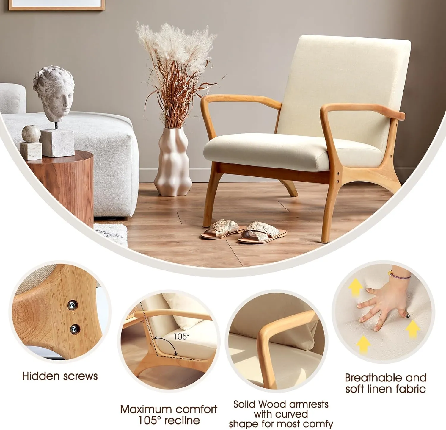 ELUCHANG Accent Chair with Lumbar Pillow,Mid-Century Modern Armchair, Linen Fabric Comfy Reading, Lounge Side Chair for Living Room Bedroom Apartment,Easy Assembly(Beige)