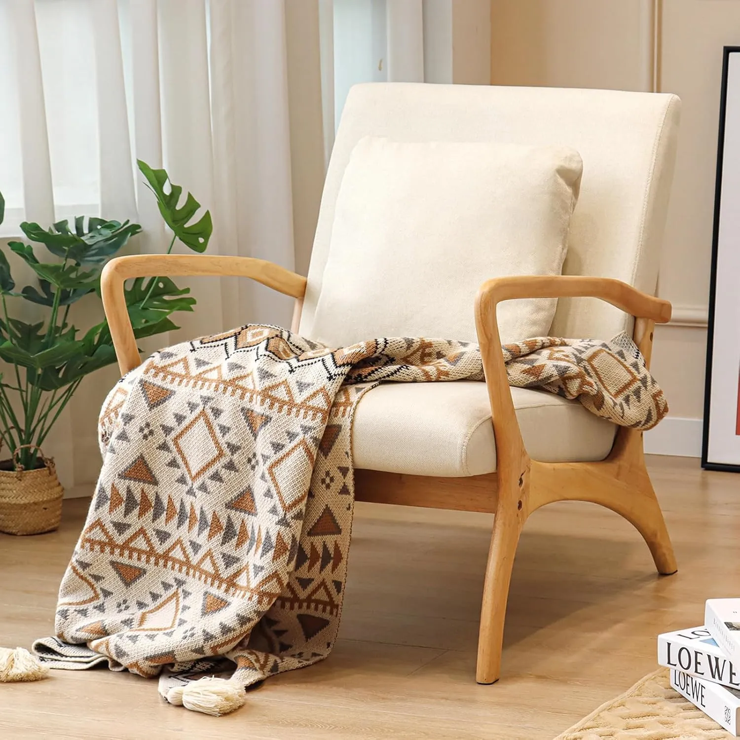 ELUCHANG Accent Chair with Lumbar Pillow,Mid-Century Modern Armchair, Linen Fabric Comfy Reading, Lounge Side Chair for Living Room Bedroom Apartment,Easy Assembly(Beige)