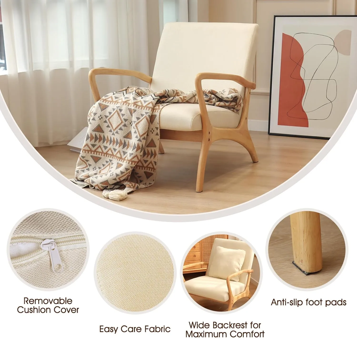 ELUCHANG Accent Chair with Lumbar Pillow,Mid-Century Modern Armchair, Linen Fabric Comfy Reading, Lounge Side Chair for Living Room Bedroom Apartment,Easy Assembly(Beige)