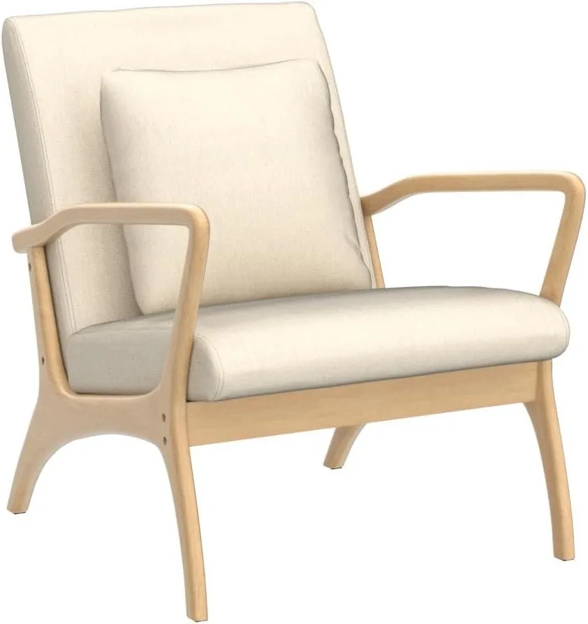 ELUCHANG Accent Chair with Lumbar Pillow,Mid-Century Modern Armchair, Linen Fabric Comfy Reading, Lounge Side Chair for Living Room Bedroom Apartment,Easy Assembly(Beige)