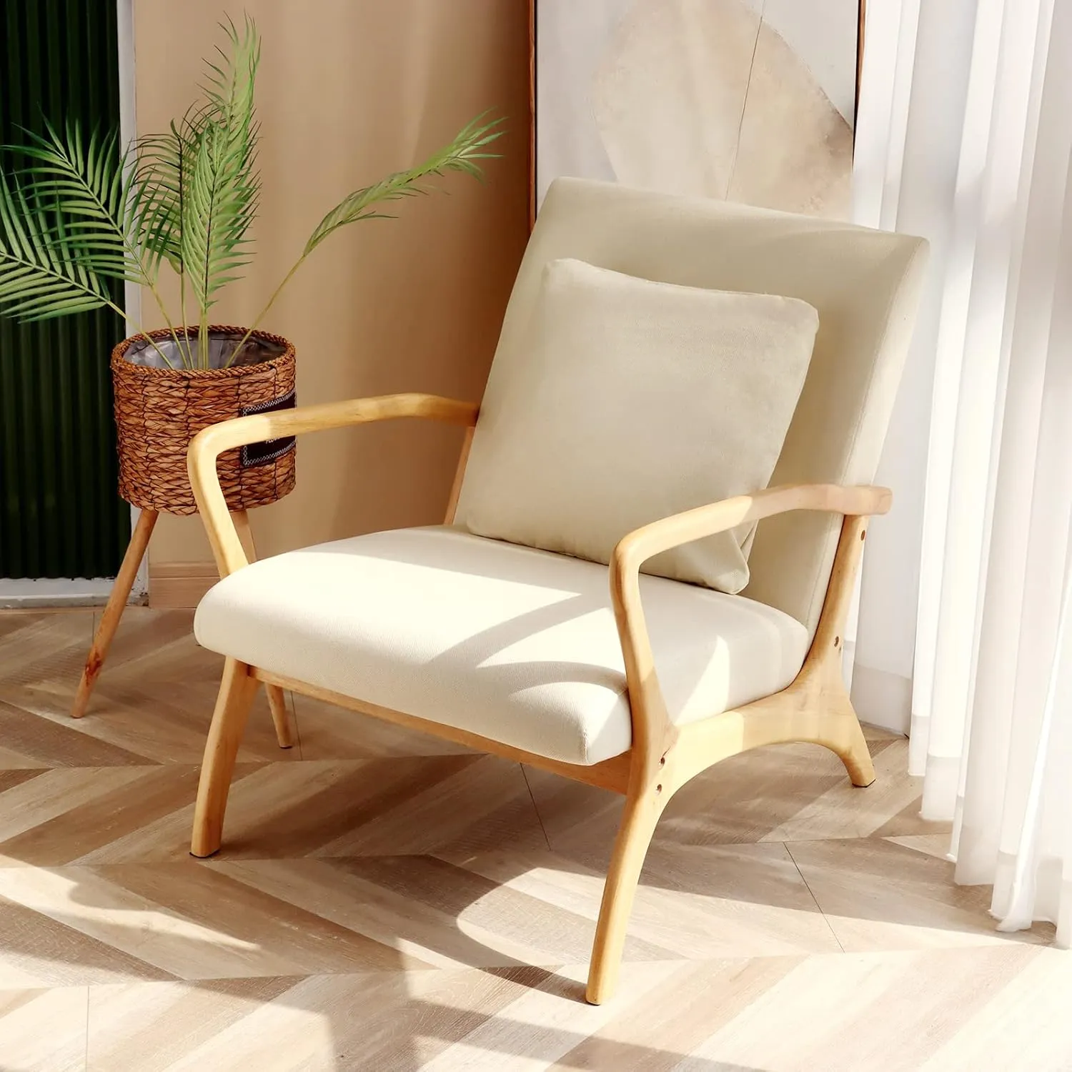 ELUCHANG Accent Chair with Lumbar Pillow,Mid-Century Modern Armchair, Linen Fabric Comfy Reading, Lounge Side Chair for Living Room Bedroom Apartment,Easy Assembly(Beige)
