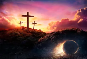 Empty Tomb Backdrop Sunrise Sunset Jesus Christ Crucifixion Resurrection Cave Photography Background Hole Holy Lights Easter Background Three Crosses Jesus Christ Background Props Banner 7x5ft